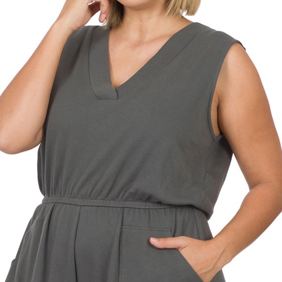 PLUS COTTON SLEEVELESS ROMPER WITH POCKETS - Picture 2 of 3